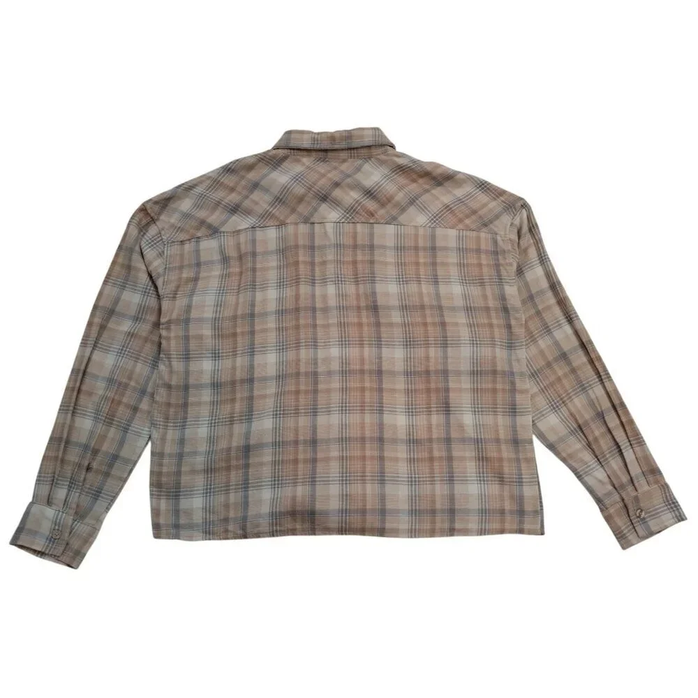 Plaid Long-Sleeve Shirt M By Hippie Rose Cotton & Viscose Beige, Button Front.